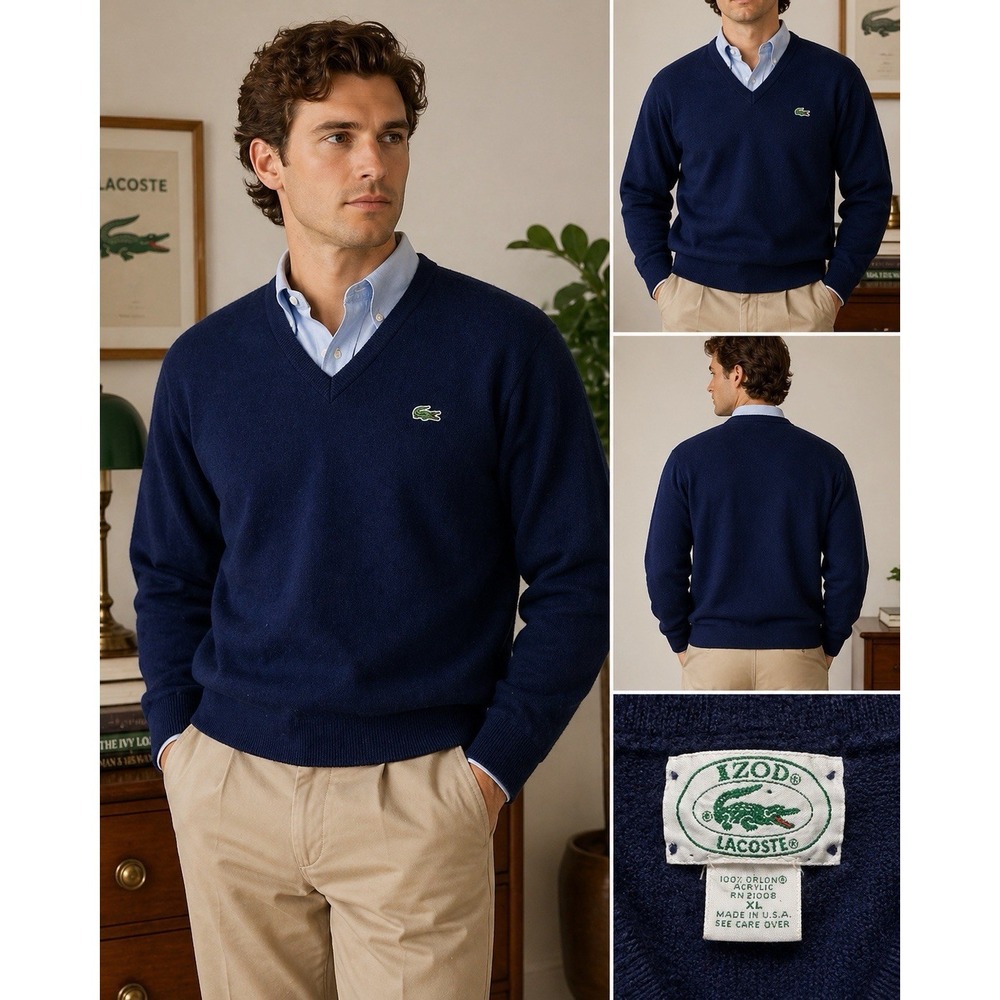Vintage 80s Izod Lacoste Sweater Men's XL Navy V Neck USA Made Preppy